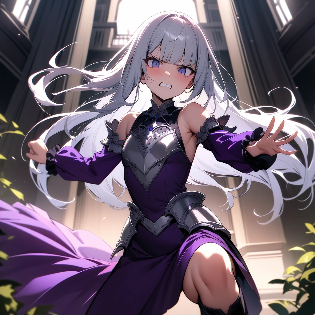 (masterpiece),(best quality),very aesthetic,(ultra-detailed),high saturation,nsfw,1girl,,slender,long hair,silver hair,straight hair,(blunt bangs),dark blue alluring eyes,glaring,clenching teeth,indomitable spirit,excited,painful,incoming attack,assaulting,standing,on one knee,An elegant and sophisticated outfit perfect for a party, featuring a purple velvet dress with green lace accents,long sleeves,White silver gauntlet,Shoulder brace of silver armor,Boots of silver armor,Provocative,fighting stance,holding a hatchet,Gardens of an aristocratic mansion,hair flutter in the wind,looking at viewer,cowboy shot