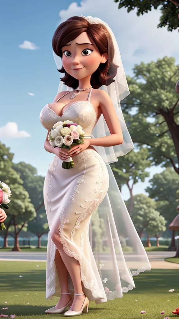 Helen Parr with huge breasts wearing a micro bra and a wedding dress with a huge lace neckline with a veil and bouquet in a park in New York