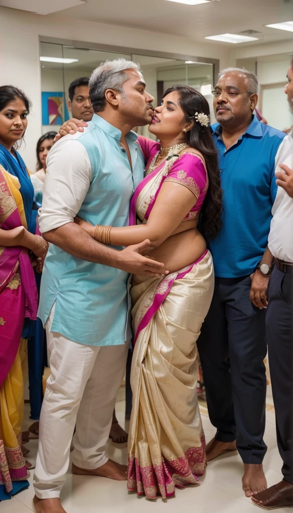 a 50-year-old shirtless man affectionately hugging and kissing aradiant, full-figured South Indian plus-sized 30 year old teacher wearing a off white silky saree in dressing room, captured in a full-body image with vibrant hues and meticulous details. Full body image
