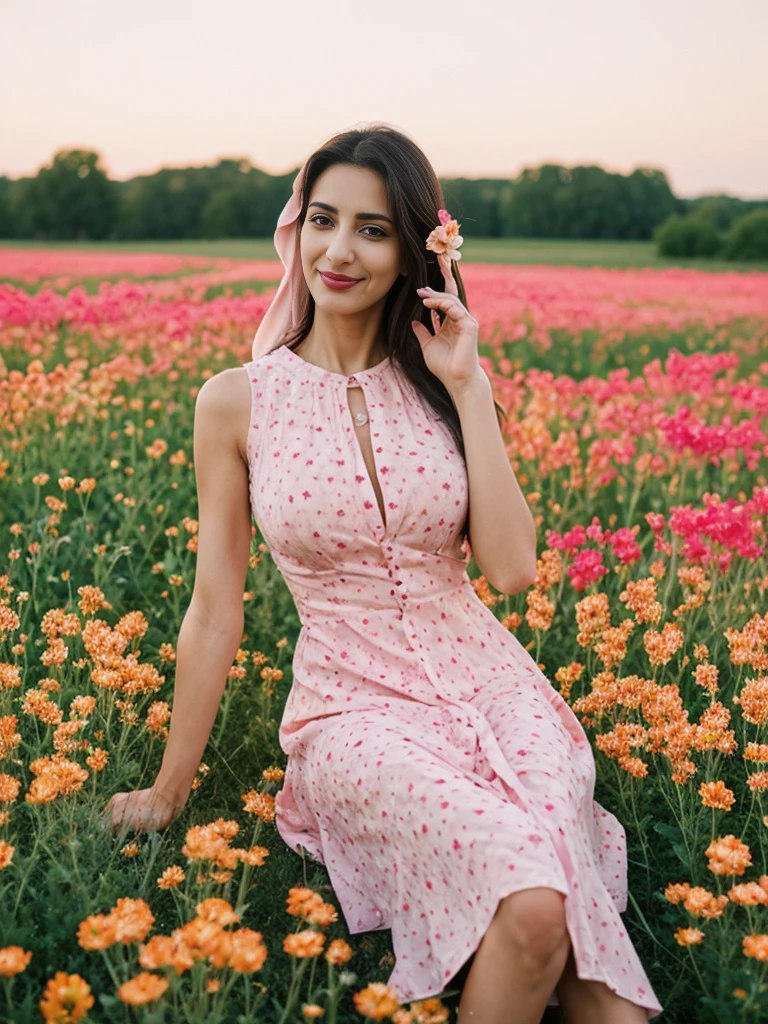 Noura, 1girl, solo, ((Qatari woman)), consistent face and body, ((MILF)), ((30 years old)), (mature), ((slim)), ((Qatari face)), (Qatari nose), (Qatari lips), ((cranky hair)), upper body and upper legs, (background: city flower field at sunset), BREAK, (wearing light-pink printed Flare Dress), smirking, sitting