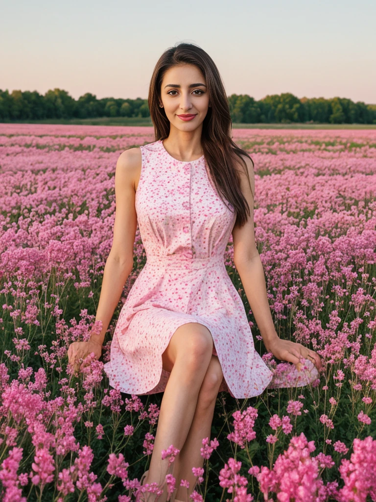 Noura, 1girl, solo, ((Qatari woman)), consistent face and body, ((MILF)), ((30 years old)), (mature), ((slim)), ((Qatari face)), (Qatari nose), (Qatari lips), ((cranky hair)), upper body and upper legs, (background: city flower field at sunset), BREAK, (wearing light-pink printed Flare Dress), smirking, sitting
