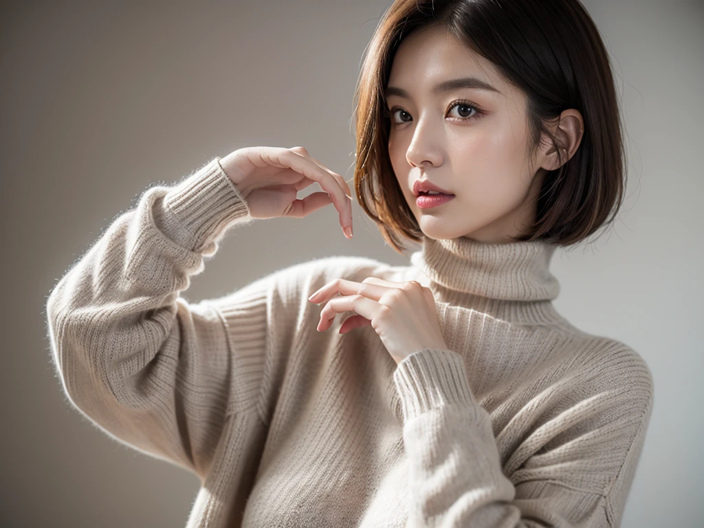 (((masterpiece, best quality,ultra-detailed,8k,high resolution))), (upper body),24 years old ,Japanese girl, 1girl, short hair,turtleneck sweater,(((grabbing turtleneck collar))), (Half a face out of a sweater:1.4)