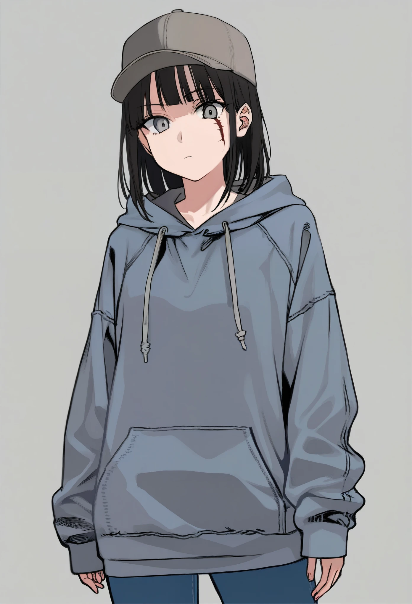 score_9, score_8_up, score_7_up, score_6_up, Yusuke Murata Character concept art of a pale skinned woman, skinny, grey eyes, scar on face, hoodie, baseball cap, annoyed face, hime cut black hair, jeans, fashionable, thick outlines, line weight, high detail, white background, high detail establishing shot. cinematic, use of color theory and contrasting shadow tints.