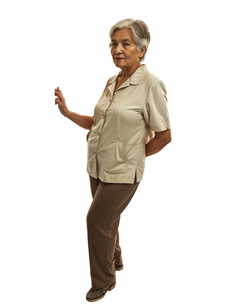 standing lady, old lady standing looking at the camera, elderly woman