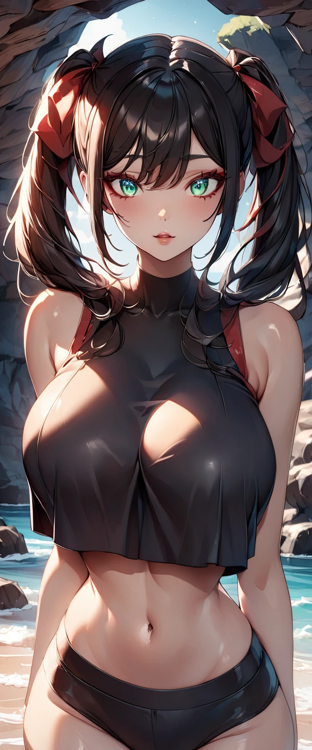 Photo of a woman with natural skin, (()), ((Small face)), A woman wearing mainly black and red, Upper Body, Seaside cave, The light is shining in, High Twintails, Black hair with red mesh, Sharp eyes with red eyeshadow, Big eyes, Blue-green eyes, Shining eyes, A thin, upturned nose, Well-shaped lips, Big Breasts, ((crop top overhang, Thighs, Glamour body)), Makeup, Exquisitely crafted with the utmost attention to detail, Vibrant, amazing, Smooth, Cinematic, 4K, Backlight, (()), Shallow depth of field, ((Detailed eyes:1.3, Detailed lips:1.3, high quality, )), masterpiece, Super detailed images, High quality