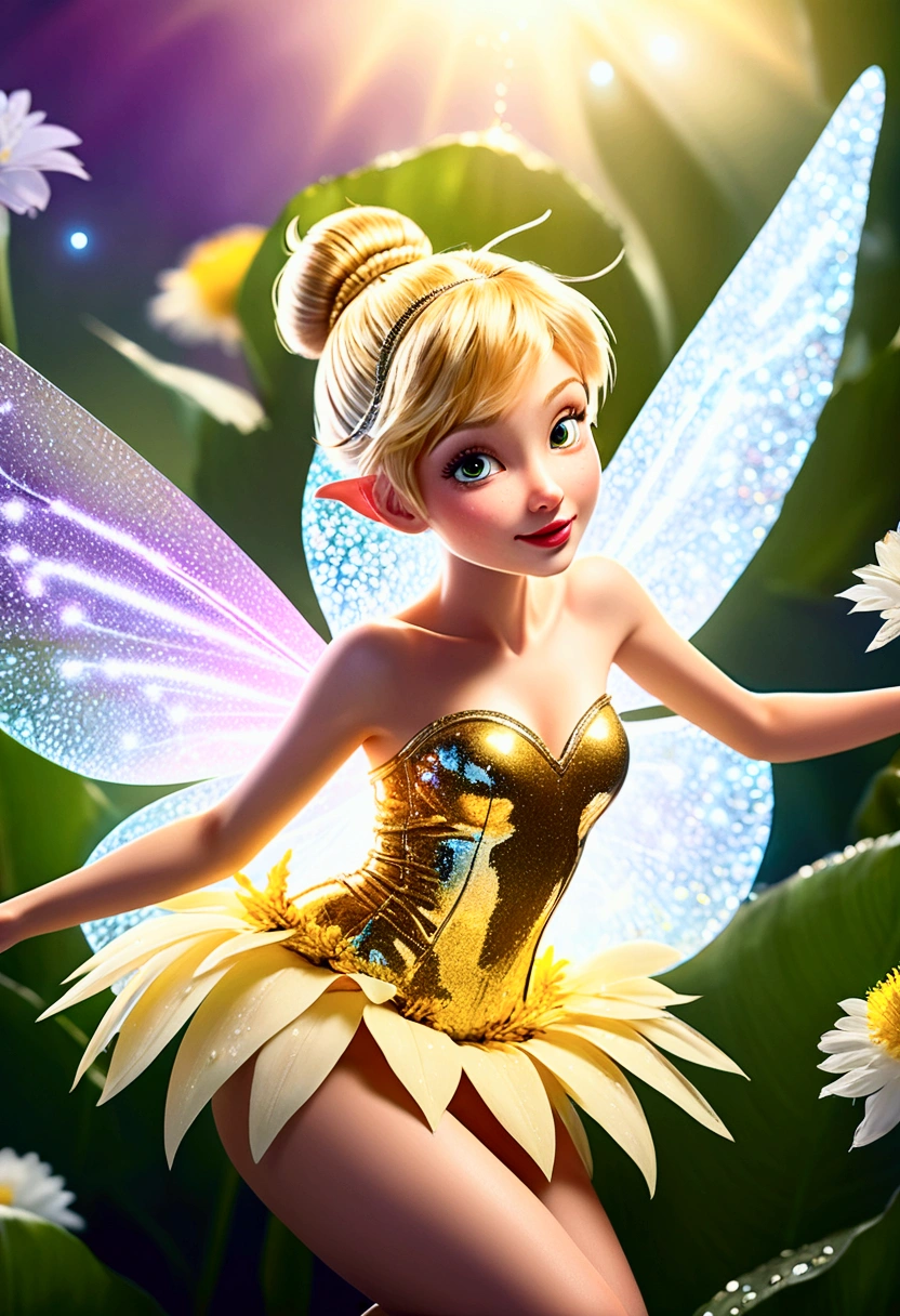 surreal details, ( bright resolution, Flying around large flower petals covered in fresh morning dew on a clear day, Tinkerbell in fluorescent white and gold_Upper body close-up angle ), A variety of small flowers and plants made of light, Ultrafine particles shining in the air_Mysterious background with small particles of natural light emitting light, ultra high resolution, 8k, Very detailed details, surreal photo, the greatest masterpiece:1.2, A shining aura spreading in the air,