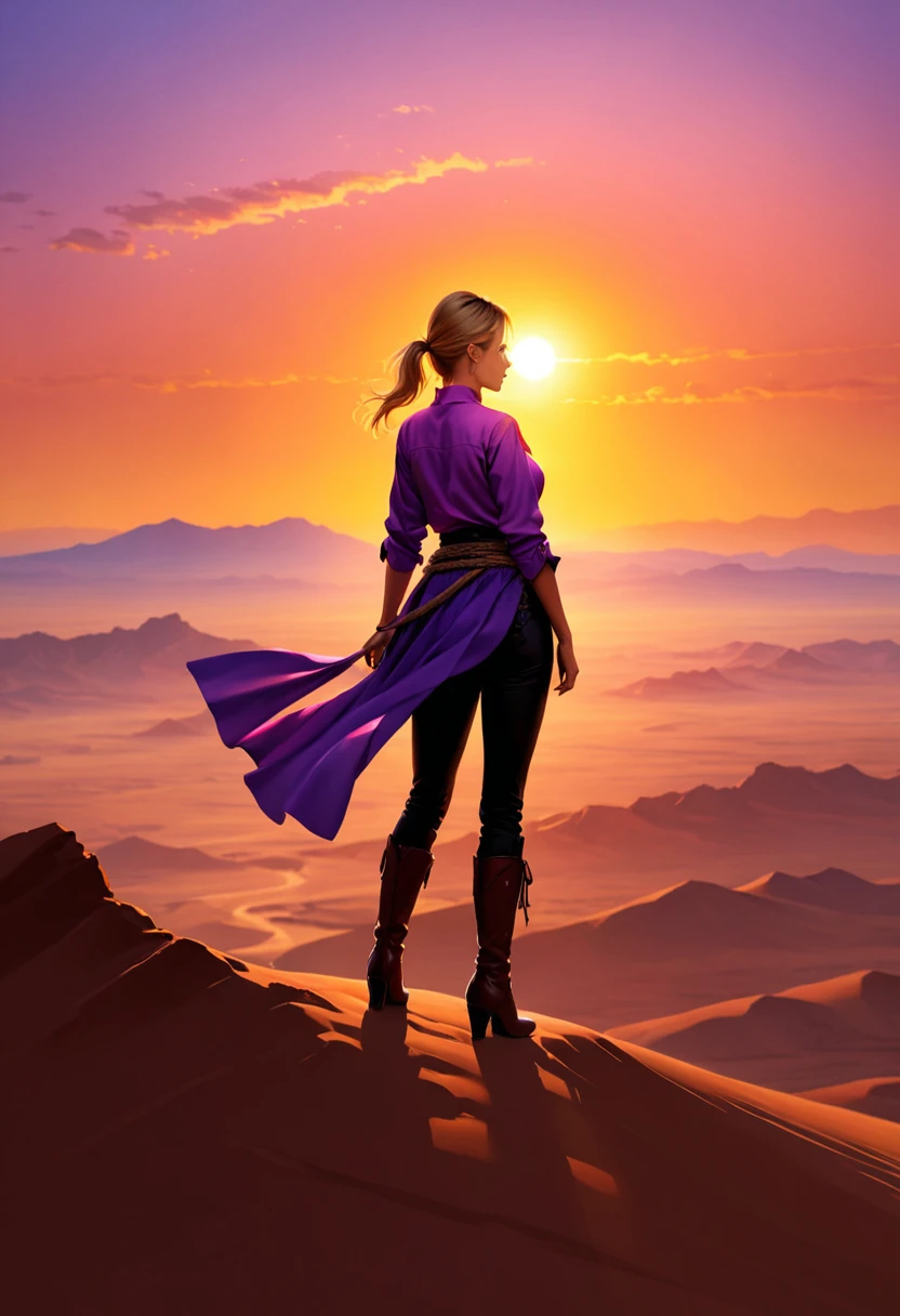 an oil painting of woman cowboy standing on the desert mountain at sunset, watching the desert canyon, an exquisite beautiful woman, most beautiful woman, blond hair, long hair, in a pony tail, ultra detailed face, best detailed face, wearing button shirt, dynamic color, small cleavage, wearing trousers, dynamic color, wearing high heeled boots, (silhouette art: 1.3), she has a (lasso: 1.1) sun set, sun rays, sky in shades of purple, red, orange and yellow. vibrant colors of sky, Hyperrealism style, vibrant, Ultra-high resolution, High Contrast, (masterpiece:1.5), highest quality, Best aesthetics), best details, best quality, highres, ultra wide angle, 16k, [ultra detailed], masterpiece, best quality, (extremely detailed) RAW, chumbasket art style, oil painting, silhouette
