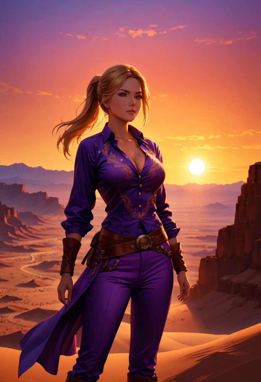 an oil painting of woman cowboy standing on the desert mountain at sunset, watching the desert canyon, an exquisite beautiful woman, most beautiful woman, blond hair, long hair, in a pony tail, ultra detailed face, best detailed face, wearing button shirt, dynamic color, small cleavage, wearing trousers, dynamic color, wearing high heeled boots, (silhouette art: 1.3), she has a (lasso: 1.1) sun set, sun rays, sky in shades of purple, red, orange and yellow. vibrant colors of sky, Hyperrealism style, vibrant, Ultra-high resolution, High Contrast, (masterpiece:1.5), highest quality, Best aesthetics), best details, best quality, highres, ultra wide angle, 16k, [ultra detailed], masterpiece, best quality, (extremely detailed) RAW, chumbasket art style, oil painting, silhouette
