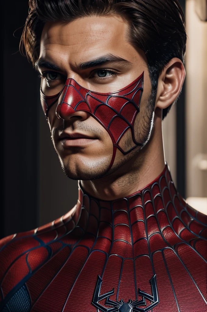 Photo of spider man, no mask, 20s, handsome, detailed face, looking at camera, Portrait, 8k uh, High quality
