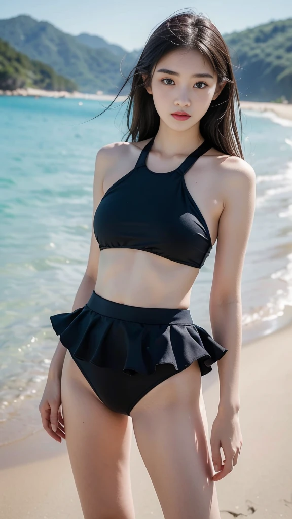 (best quality ，masterpiece, Reality ，Extreme details), Anatomically correct，18 years old beautiful girl，Perfect body，Exquisite facial features：1.2，（Neck swimsuit，Skirt-style swimming trunks：1.2），Perfect body，Beach