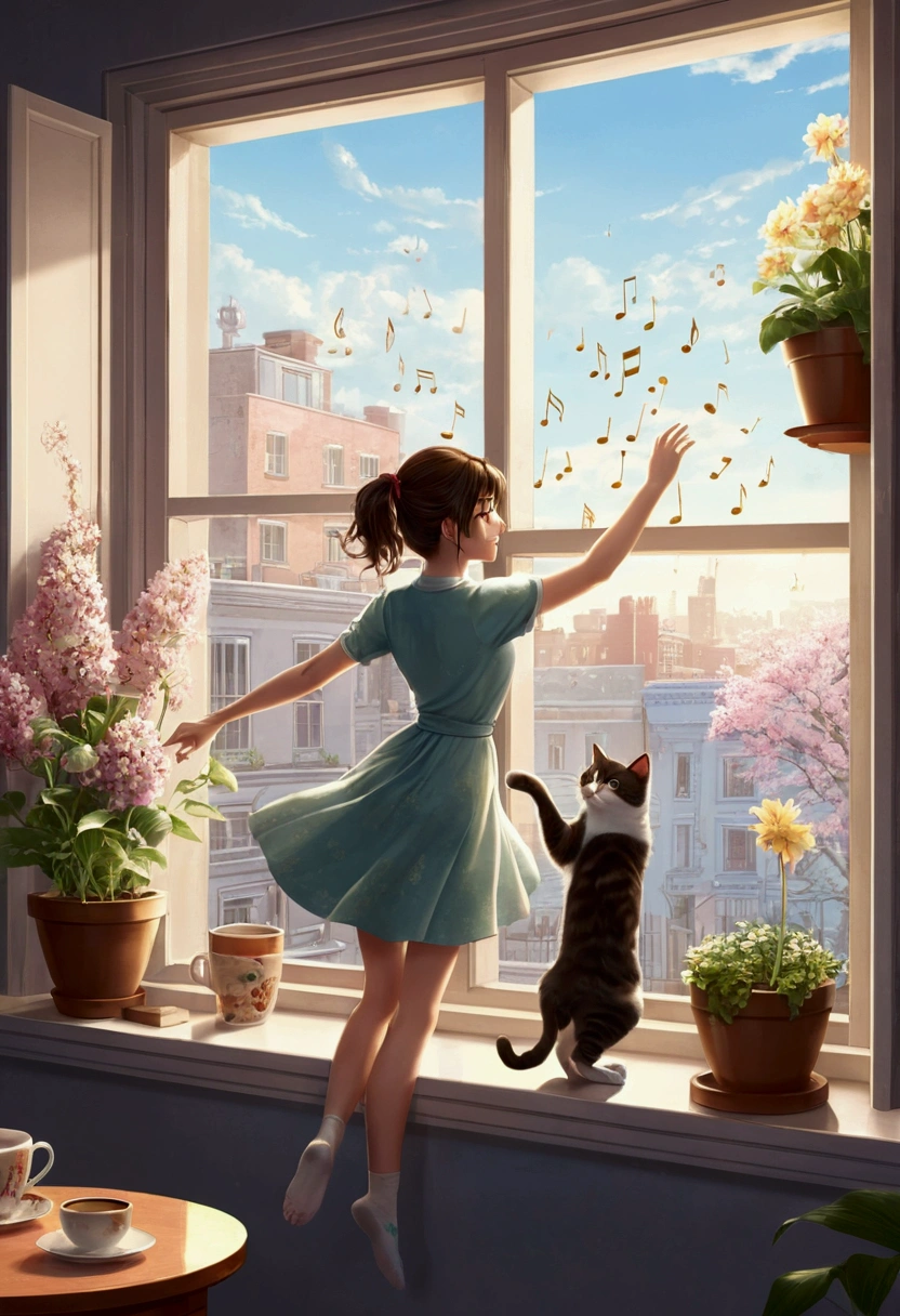 Table Top, Top Quality, Table Top, Top Quality, Official Art, Highly Detailed CG Unity 8K Wallpaper, Subtle Retro Colors, Rice Print Style, Illustration, Cute, One Girl, Flowers, Window, Flowerpot, Coffee Drink,. Lots of illustrations of musical notes on the windowsill.cat,dancing girl,Illustration of musical notes on the windowsill,girl and cat dance