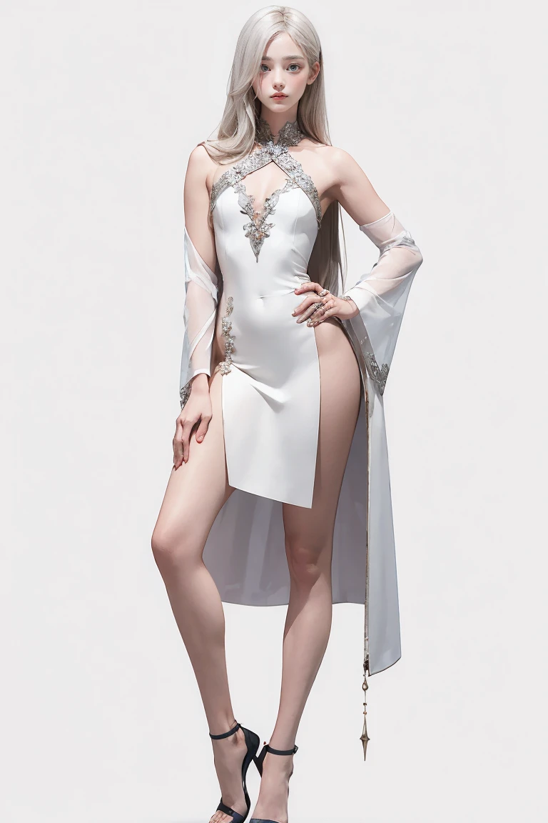 Master of animation, A perfect masterpiece, On a pure white background、Dressed in cool, sexy and modern clothes、Sexy mature modern woman standing, Flowing silver hair, Full Body Stand Posture, Thin legs, Straight chest, Detailed facial details, Natural and beautiful standing posture, Crisp and realistic body detail,(NSFW:0.5)