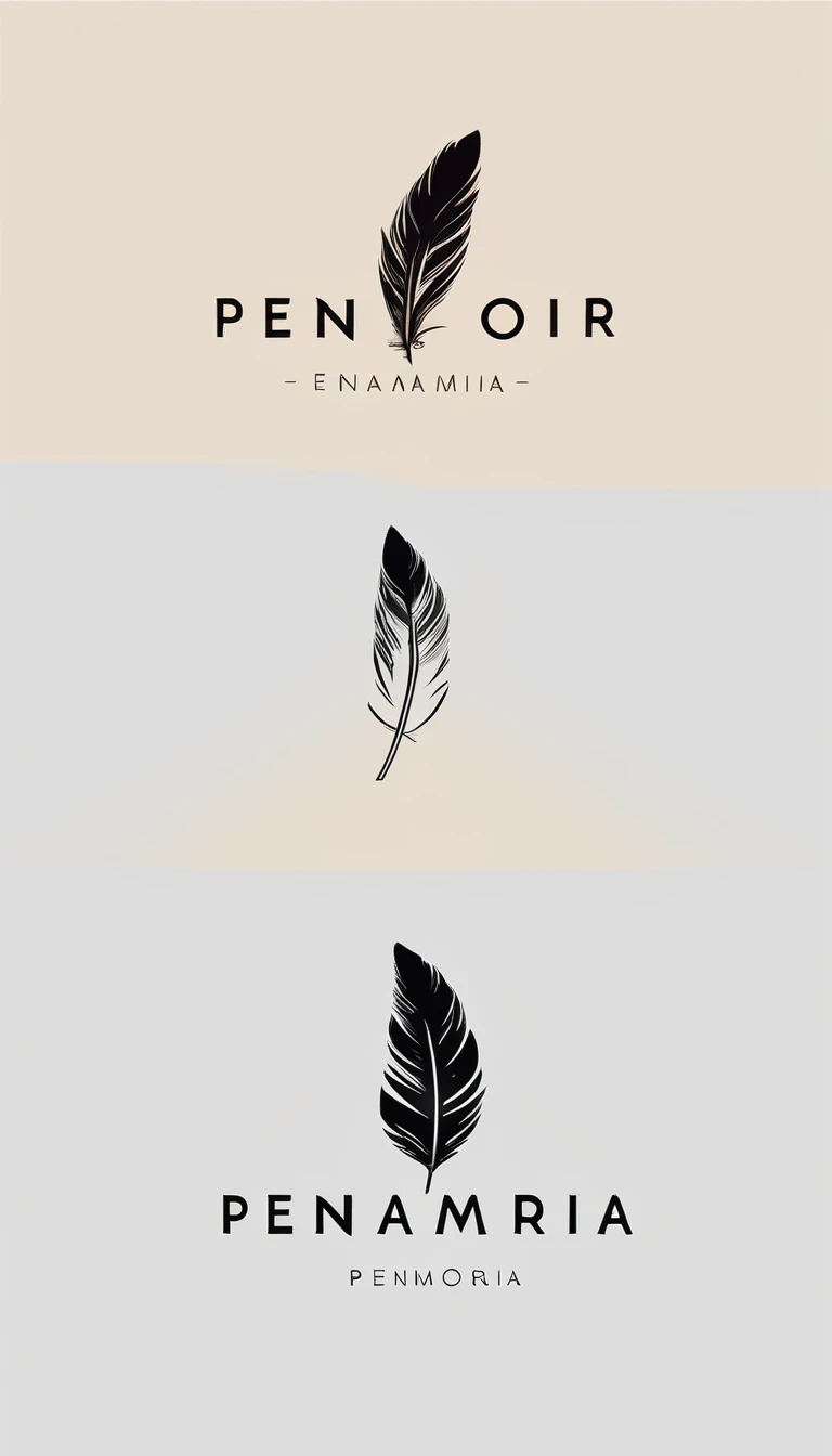 A minimal, modern, simple, cinematic logo design for the brand “Penamemoria". Create a modern, minimalistic, high-quality, logo of a feather that convey a sense of memories and dreams