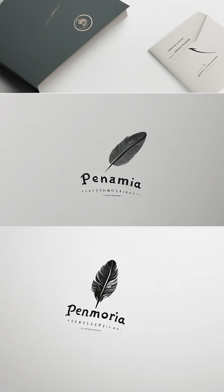 A minimal, modern, simple, cinematic logo design for the brand “Penamemoria". Create a modern, minimalistic, high-quality, logo of a feather that convey a sense of memories and dreams