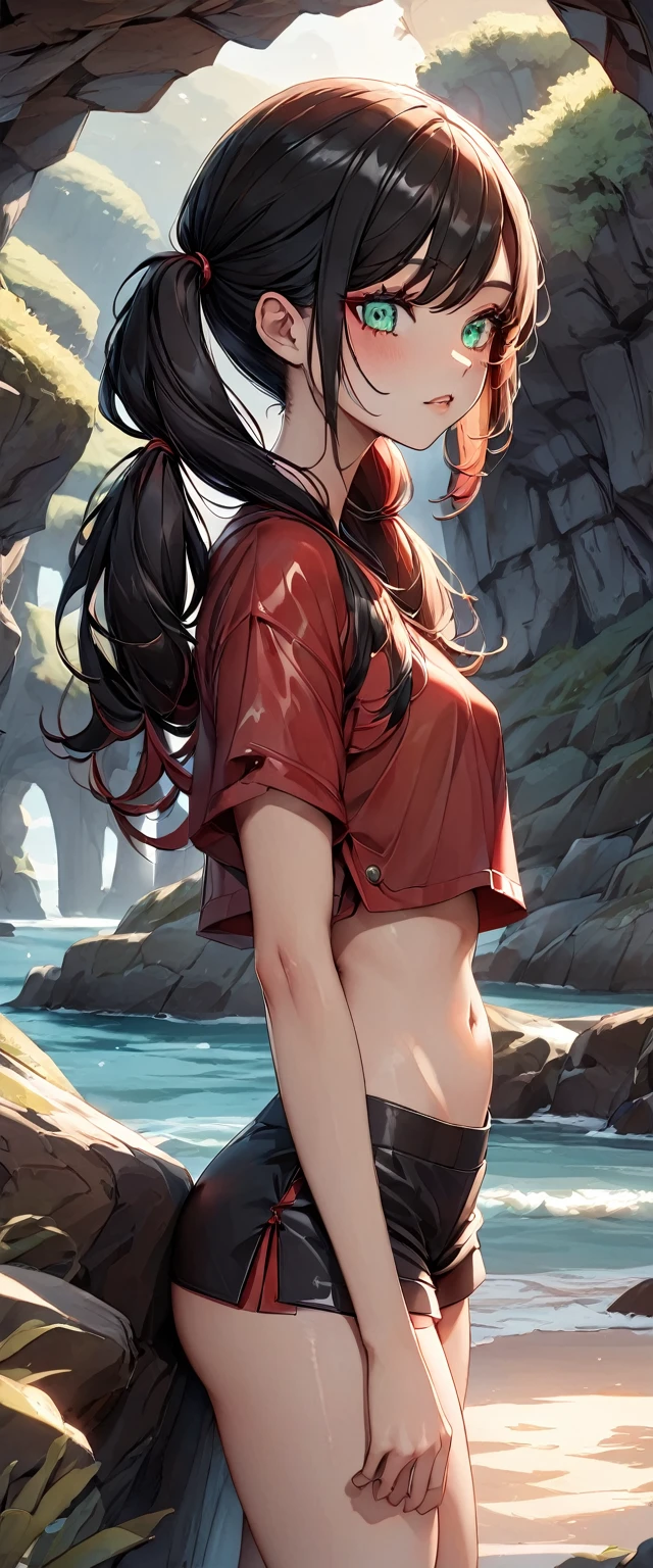 Photo of a woman with natural skin, ((Baby Face)), Small face, A woman wearing mainly black and red, Upper Body, Seaside cave, The light is shining in, High Twintails, Black hair with red mesh, Sharp eyes with red eyeshadow, Blue-green eyes, Shining eyes, A thin, upturned nose, Well-shaped lips, Small breasts, ((crop top overhang, Thighs, slender)), Makeup, Exquisitely crafted with the utmost attention to detail, Vibrant, amazing, Smooth, Cinematic, 4K, Backlight, (()), Shallow depth of field, ((Detailed eyes:1.3, Detailed lips:1.3, high quality, )), masterpiece, Super detailed images, High quality