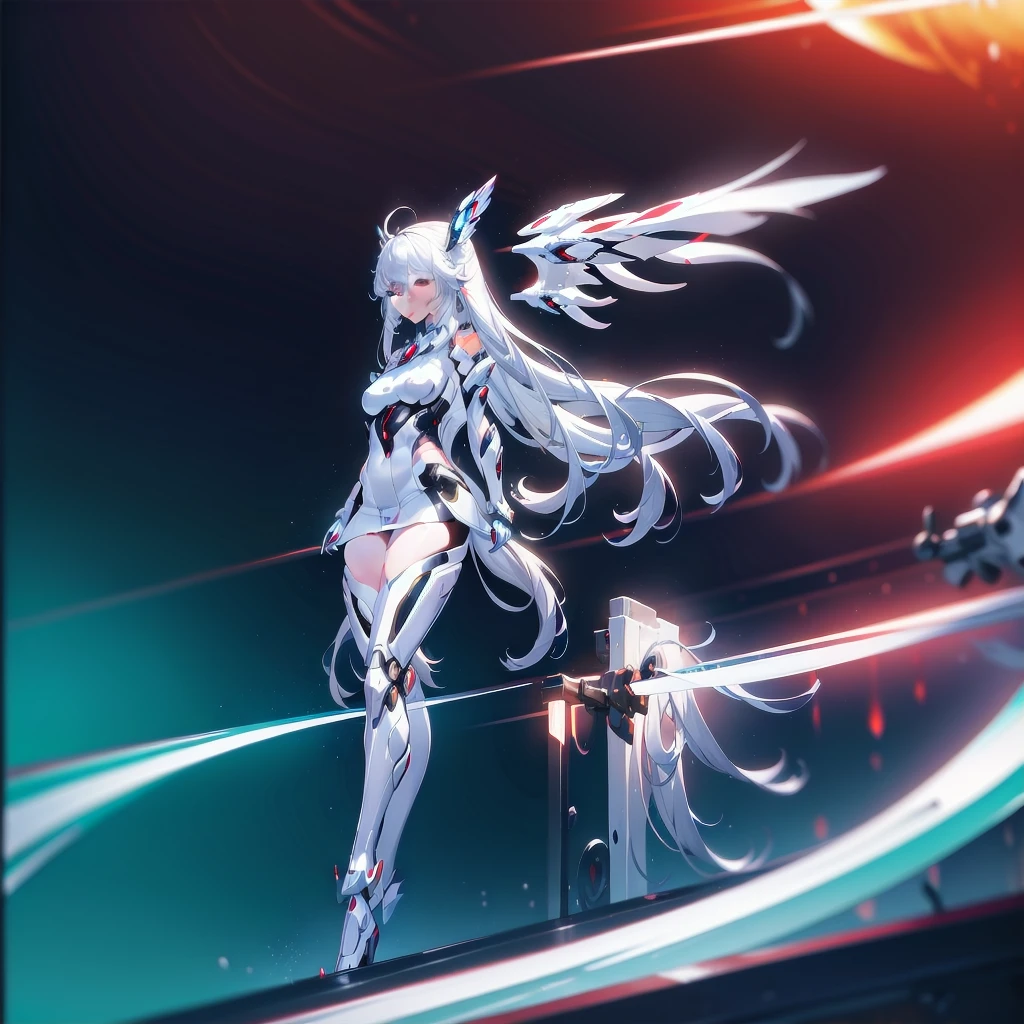 masterpiece, highest quality, highest resolution, clear_image, detailed details, white hair, long hair, 1 girl, car ears, red eyes, futuristic wings (12 wings), futuristic halo, white sci fi mecha dress, white scarf (around the neck with a light blue glow), white pantyhose, full body, no water marks, city, no extra limbs, no extra body