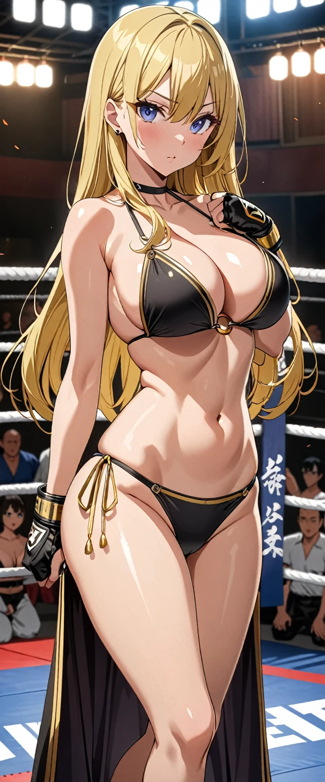 ((masterpiece)), ((high quality)), ((super detailed)), ((high resolution)) ,((8k)), a beautiful woman, ((She is one of the most famous female Gravure actress in the world.)), unparalleled beauty, ((huge breast)), ((large ass)), ((deep cleavage)), slim waist, chest out, ultra detailed face, perfect skin, (((Blonde straight hair))), blue eyes, detailed eyes, whole body image, (((anime))), ((glamorous)), 24 years old, ((incredibly beautiful woman)), ((The I cup bust)), ((((Black and Gold color Sling Bikini Ring Wear)))), ((beautiful breasts)), beautiful legs, 8 life size, anime, the most beautiful and strongest, ((charm)), ((Half Japanese and half British)), ((Grown-up face)), ((Open Finger Gloves, Perfect fingers)), (((Women's mixed martial arts, A fighting arena))), ((Bewitching)), Sexy pose, (((( Undefeated Champion)))),