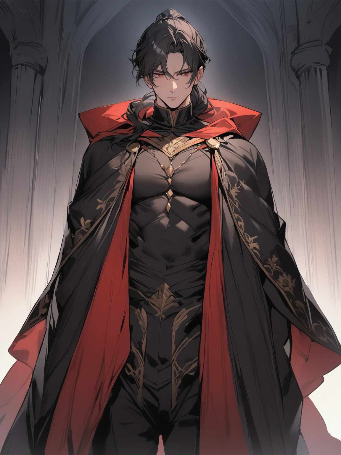 ((masterpiece)), ((best quality)), (from front,facing front:1.36), (half-body shot:1.4), 1man, adult male, mature male, solo, ponytail tied long black hair, red eyes, royal black cloak covering the body, looking at viewers