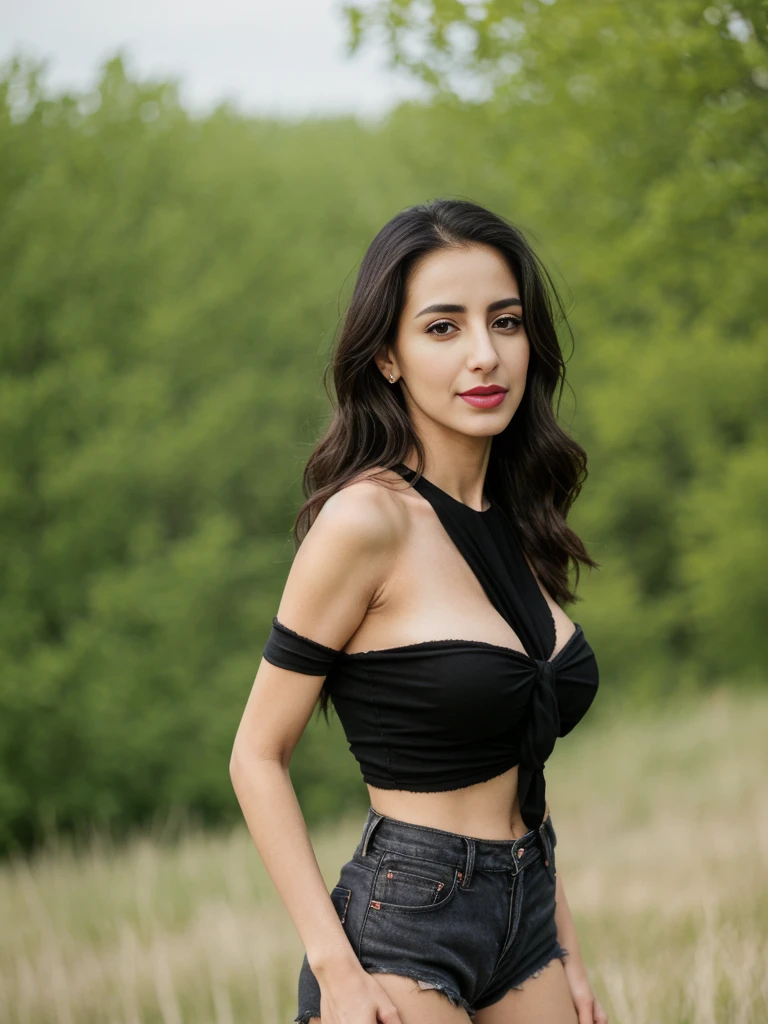 Noura, 1girl, solo, ((Qatari woman)), consistent face and body, ((MILF)), ((30 years old)), (mature), ((slim)), ((Qatari face)), (Qatari nose), (Qatari lips), ((cranky hair)), upper body and upper legs, (background: overlooking eco-park in Manitoba), BREAK, (wearing light-black off shoulder blouse and ripped shorts), smirking, picnic shoot

