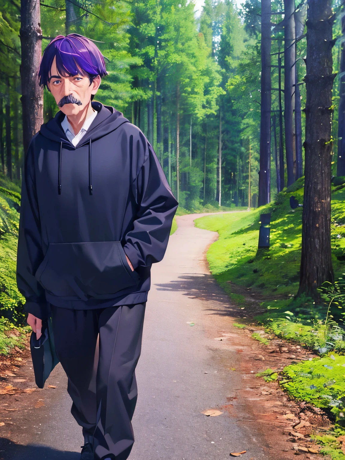 1 old man, 70 years old,Carrying a big bag,Walk in the forest,purple hair,short hair, green eyes, purple mustache,black hoodie, black trousers,,ultra detail, ultra HD, standing,Thin body,half body photo