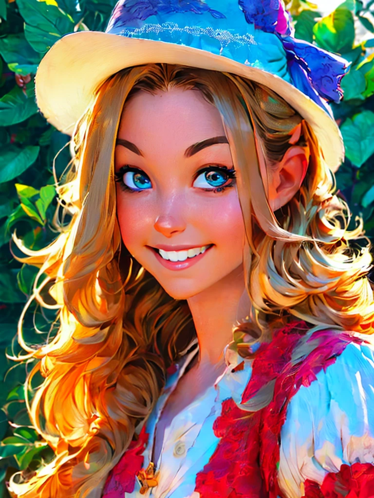 woman's face, long blonde hair, smiling, sun is red, (digital painting, concept art, smooth, sharp focus, intricate details, close-up, masterpiece: 1.2)
