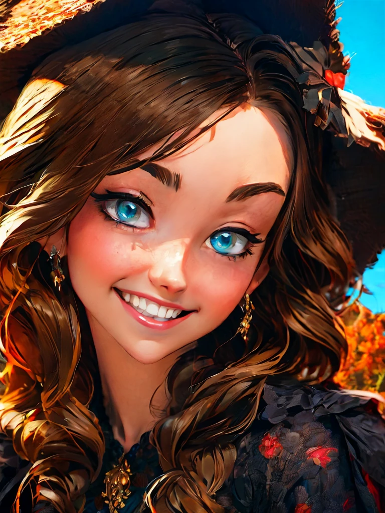 woman's face, long blonde hair, smiling, sun is red, (digital painting, concept art, smooth, sharp focus, intricate details, close-up, masterpiece: 1.2)