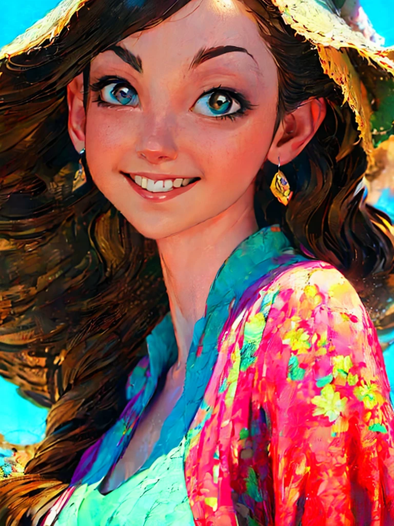 woman's face, long blonde hair, smiling, sun is red, (digital painting, concept art, smooth, sharp focus, intricate details, close-up, masterpiece: 1.2)