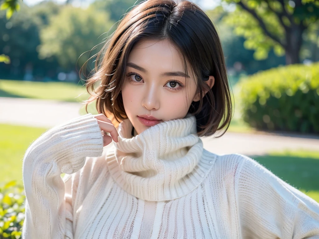 (((masterpiece, best quality,ultra-detailed,8k,high resolution))), (upper body),24 years old ,Japanese girl, 1girl, short hair,turtleneck sweater,(((grabbing turtleneck collar))), (Half a face out of a sweater:1.7)