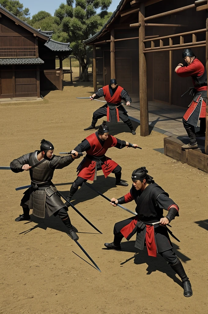 Medieval ninja fighting with samurai
