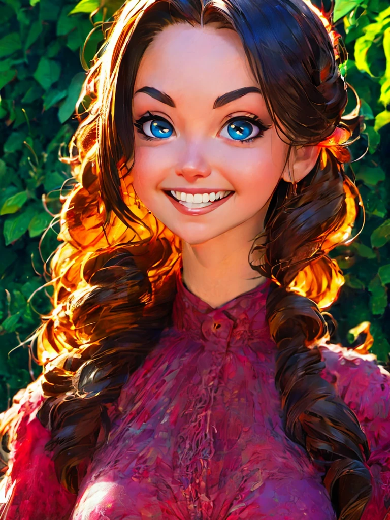 woman's face, long blonde hair, smiling, sun is red, (digital painting, concept art, smooth, sharp focus, intricate details, close-up, masterpiece: 1.2)