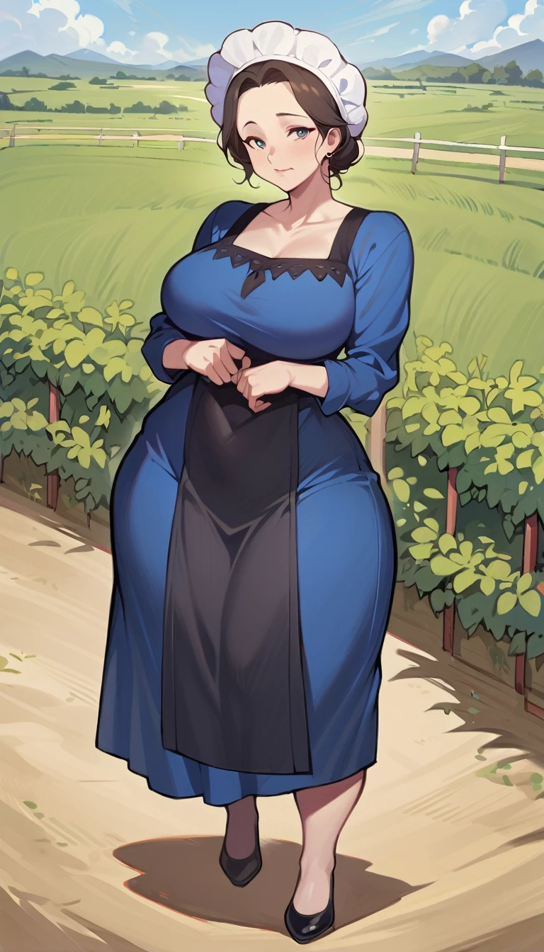 1woman, mature adult amish woman, 40 years old, pale skin, long sleeved blue dress with exposed collarbone, she wears small black apron over her blue dress, full body shown, very short brown hair, forehead exposed, big forehead, white bonnet kapp that covers a majority of her hair, wide hips, thick thighs, wearing simple black flats, thick legs, slightly below the knee dress, slight face wrinkles, tight sleeves, standing upright in a farm field, no makeup, side view, aged face, busty, rosy cheeks