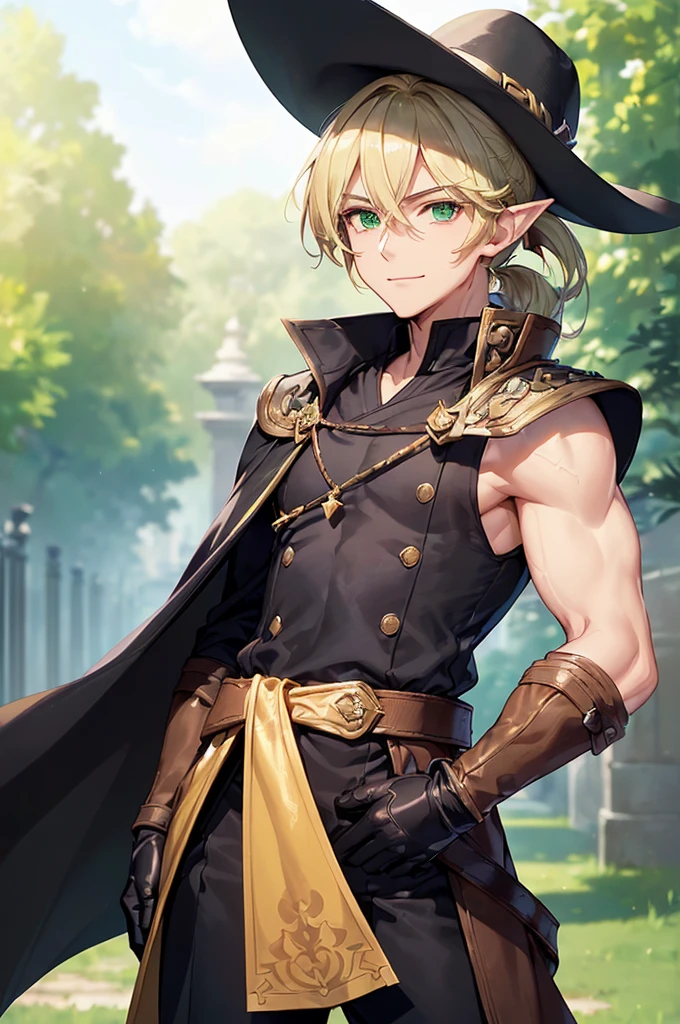 (((masterpiece; best quality: 1.2))), (finely detailed eyes: 1.3), (25 year old elf man), (solo), (green eyes: 1.4), (body; toned, fit, masculine: 1.3), (silky blonde hair in low ponytail: 1.3), (beautiful and clear background: 1.2), ((depth of field)), (equipment: adventurer garb + modest + elegant wide-brim hat + dark overcoat + dark long cape + black pants + gloves + belt + pouches: 1.3), (anime illustration: 1.2), (background composition; royal garden: 1.1), (extremely fine and handsome: 1.1), (shot composition; standing + centered on torso + close-up: 1.5), (expression; calm, smile: 1.2)