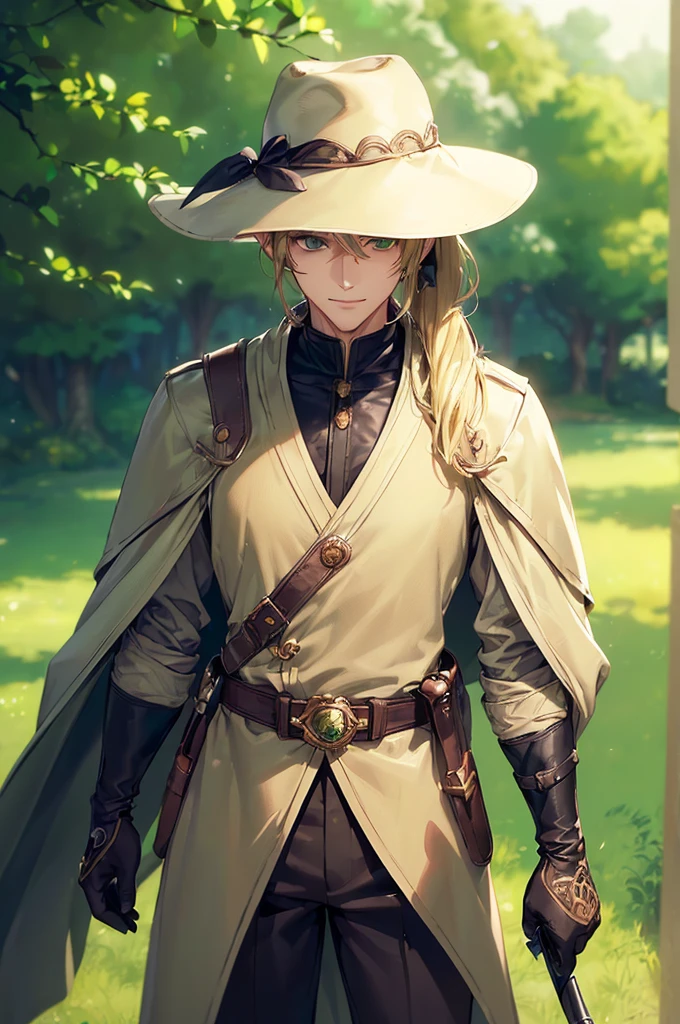 (((masterpiece; best quality: 1.2))), (finely detailed eyes: 1.3), (25 year old elf man), (solo), (green eyes: 1.4), (body; toned, fit, masculine: 1.3), (silky blonde hair in low ponytail: 1.3), (beautiful and clear background: 1.2), ((depth of field)), (equipment: adventurer garb + modest + elegant wide-brim hat + dark overcoat + dark long cape + black pants + gloves + belt + pouches: 1.3), (anime illustration: 1.2), (background composition; royal garden: 1.1), (extremely fine and handsome: 1.1), (shot composition; standing + centered on torso + close-up: 1.5), (expression; calm, smile: 1.2)