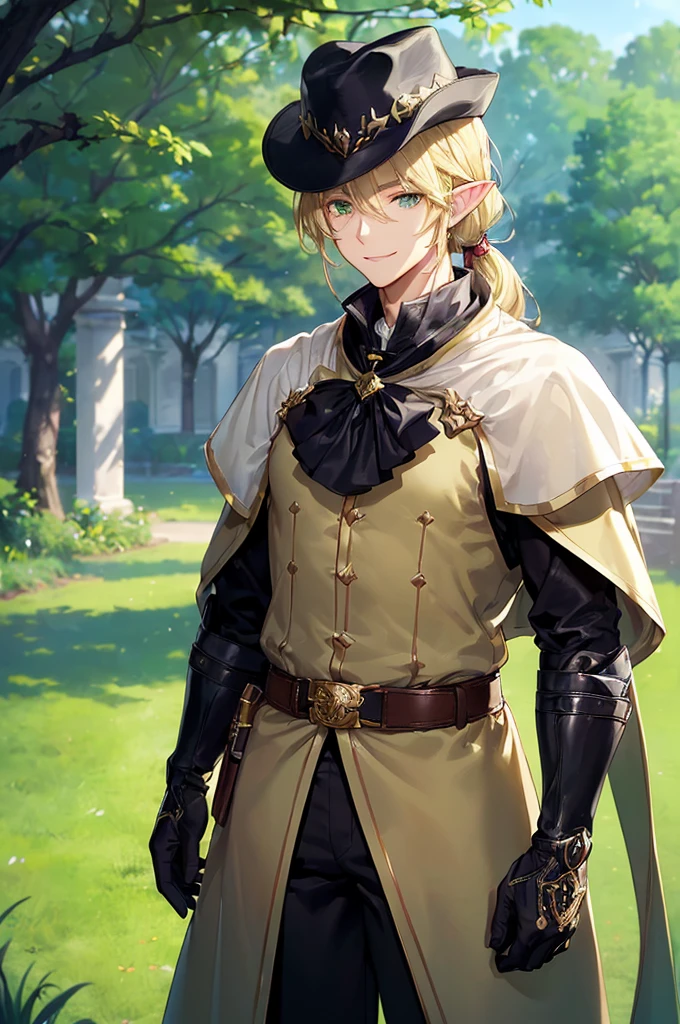 (((masterpiece; best quality: 1.2))), (finely detailed eyes: 1.3), (25 year old elf man), (solo), (green eyes: 1.4), (body; toned, fit, masculine: 1.3), (silky blonde hair in low ponytail: 1.3), (beautiful and clear background: 1.2), ((depth of field)), (equipment: adventurer garb + modest + elegant wide-brim hat + dark overcoat + dark long cape + black pants + gloves + belt + pouches: 1.3), (anime illustration: 1.2), (background composition; royal garden: 1.1), (extremely fine and handsome: 1.1), (shot composition; standing + centered on torso + close-up: 1.5), (expression; calm, smile: 1.2)