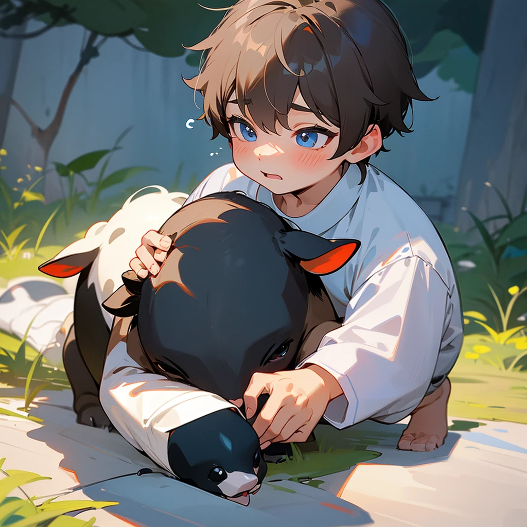 Little boy touches the face of a calf,Little cow smells little boy。