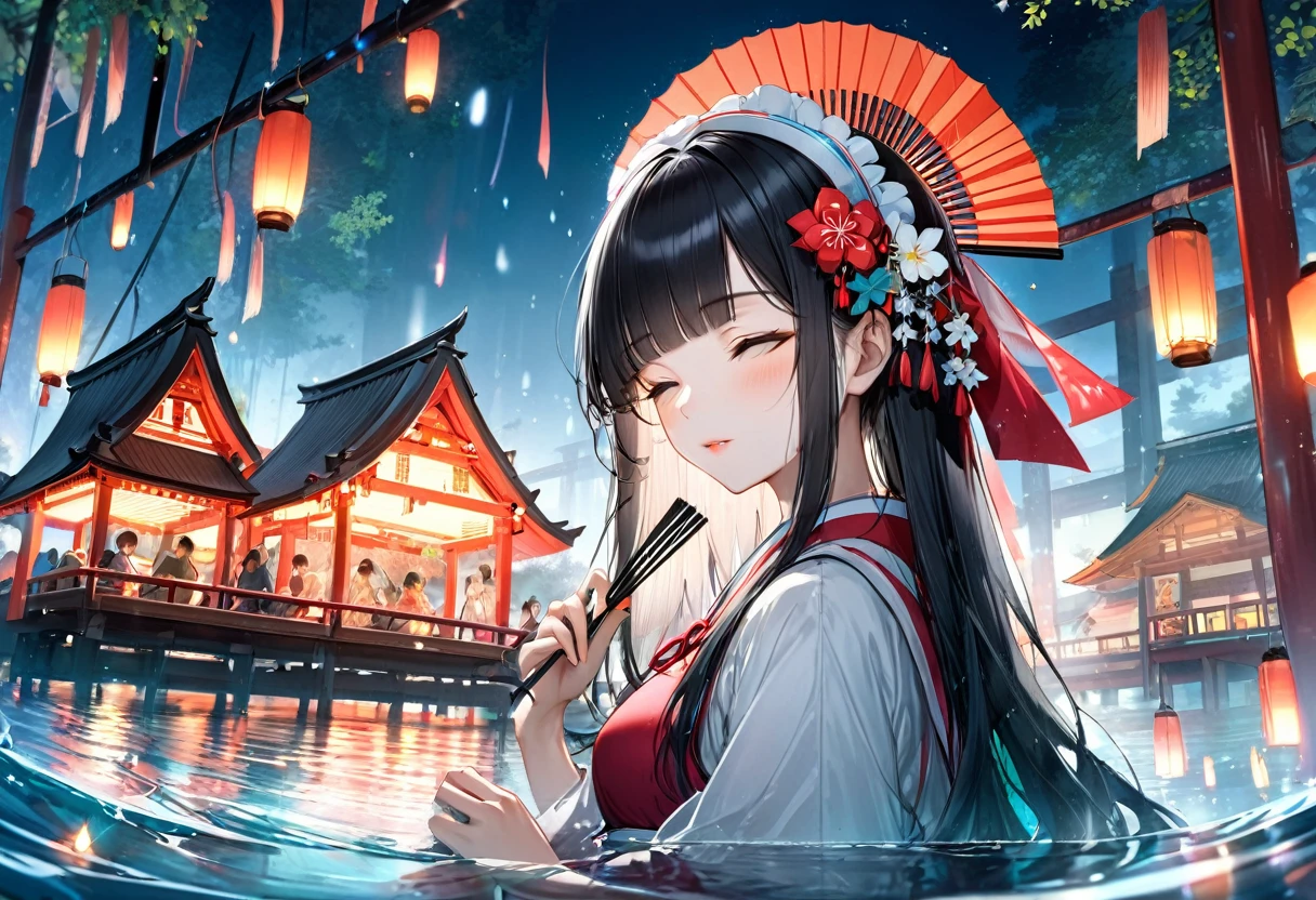 (profile, panoramic, beautiful style), (solo:2, 15 yo), (beautiful blunt bangs:1.3) (beautiful detailed black hair, long hair) (shrine maiden sexy girl, sexy closed eyes, glossy lip), hand holding detailedFolding fan with double exposure:1.3 green), break, in the night water festival scaffold, BREAK, perfect anatomy, masterpiece, best quality, 16k, beautiful detailed campfire, daydreaming expression.
