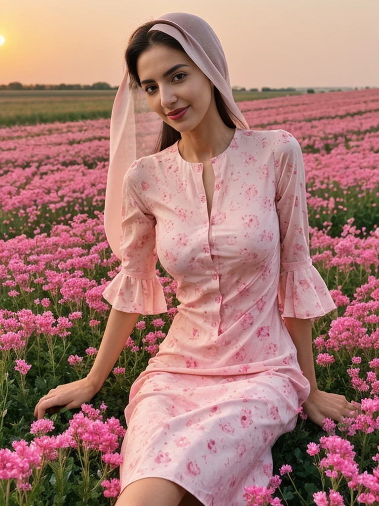 Noura, 1girl, solo, ((Qatari woman)), consistent face and body, ((MILF)), ((30 years old)), (mature), ((slim)), ((Qatari face)), (Qatari nose), (Qatari lips), ((cranky hair)), upper body and upper legs, (background: city flower field at sunset), BREAK, (wearing light-pink printed Flare Dress), smirking, sitting