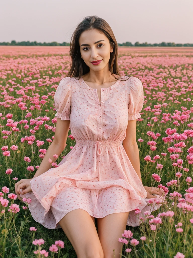 Noura, 1girl, solo, ((Qatari woman)), consistent face and body, ((MILF)), ((30 years old)), (mature), ((slim)), ((Qatari face)), (Qatari nose), (Qatari lips), ((cranky hair)), upper body and upper legs, (background: city flower field at sunset), BREAK, (wearing light-pink printed Flare Dress), smirking, sitting