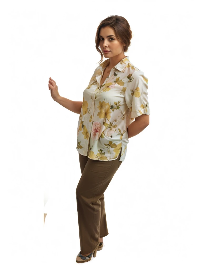 There is a woman who is standing with her hands in her pockets, floral blouse, lady standing looking at the camera