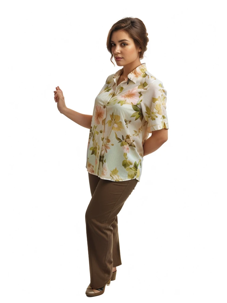There is a woman who is standing with her hands in her pockets, floral blouse, lady standing looking at the camera
