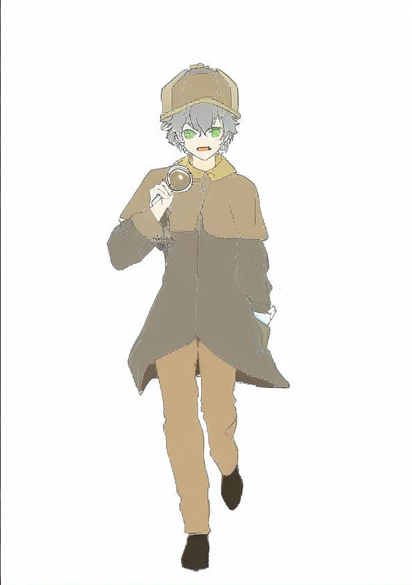 boy，17 years old，detective，gray hair，green eyes，detective服裝，hand holding magnifying glass，british night，The movements are energetic