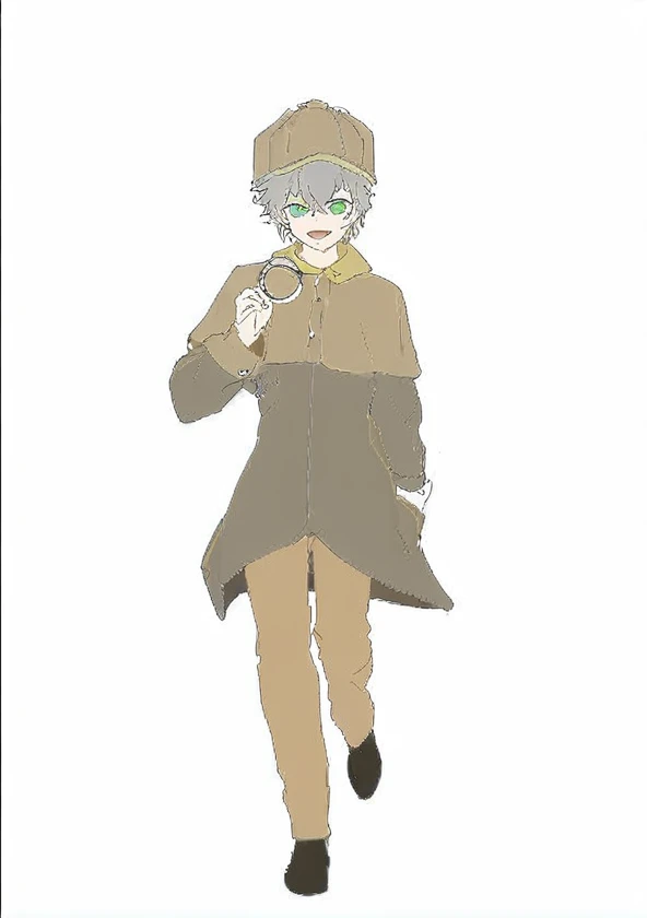 boy,,detective,gray hair,green eyes,detective服裝,hand holding magnifying glass,british night,The movements are energetic