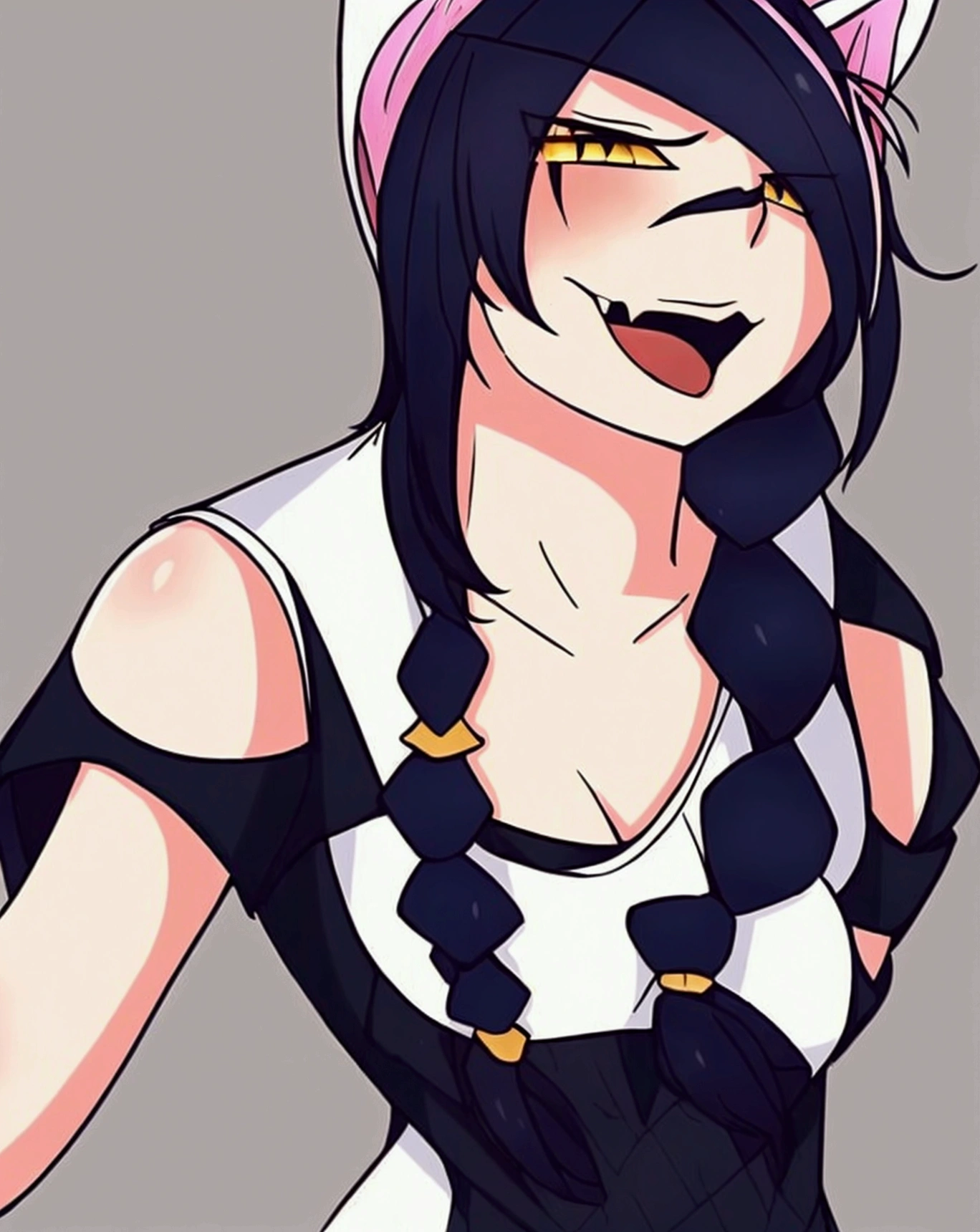1 girl, alone, by the width, looking at the viewer, black fur, bandage on face, yellow eyes, animal ears, smile, bandage on nose, braid, cat ears, bandage, Hits, old, fake animal ears, simple background, open mouth, canine, , bare shoulders, scar, teeth, shirt, bare shoulders, white shirt, short sleeves, Closed mouth, t-shirt, hair over one eye, portrait, and, hair over the shoulder, Bermuda Islands,old aún más grandes senos aún más grandes