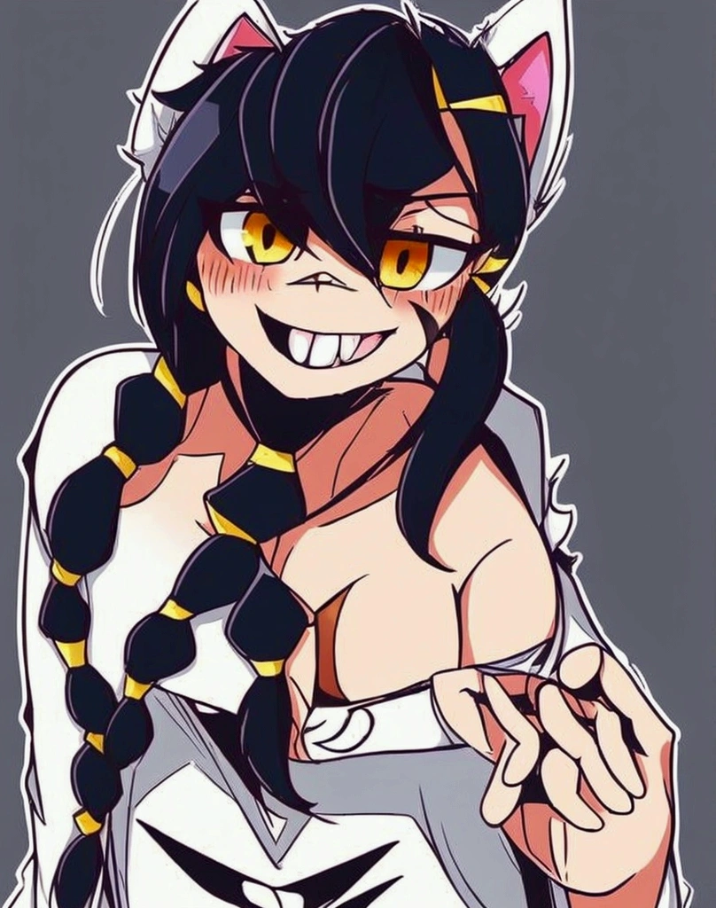 1 girl, alone, by the width, looking at the viewer, black fur, bandage on face, yellow eyes, animal ears, smile, bandage on nose, braid, cat ears, bandage, Hits, old, fake animal ears, simple background, open mouth, canine, , bare shoulders, scar, teeth, shirt, bare shoulders, white shirt, short sleeves, Closed mouth, t-shirt, hair over one eye, portrait, and, hair over the shoulder, Bermuda Islands,old aún más grandes senos aún más grandes