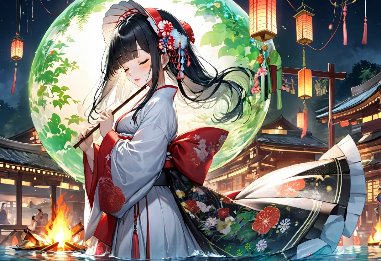 (profile, panoramic, beautiful style), (Kagura Dance), (solo:2, 15 yo), (beautiful blunt bangs:1.3) (beautiful detailed black hair, long hair) (shrine maiden sexy girl, sexy closed eyes, glossy lip), hand holding detailed biggest Folding fan with double exposure:1.3 green), break, in the night water festival scaffold, BREAK, perfect anatomy, masterpiece, best quality, 16k, beautiful detailed campfire, daydreaming expression.