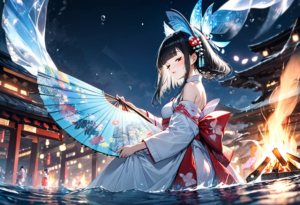 (profile, panoramic, beautiful style), (Kagura Dance), (solo:2, 15 yo), (beautiful blunt bangs:1.3) (beautiful detailed black hair, long hair) (shrine maiden sexy girl, sexy closed eyes, glossy lip), hand holding detailed biggest Folding fan with double exposure:1.3 green), break, in the night water festival scaffold, BREAK, perfect anatomy, masterpiece, best quality, 16k, beautiful detailed campfire, daydreaming expression.