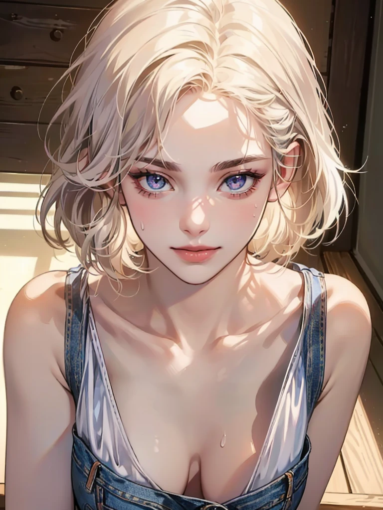 ((((masterpiece, best quality, high resolution)))), Extremely detailed 8K, Beautiful girl with slender body, (Ultra HD, Ultra-detailed, Highly detailed, Highly realistic, Ultra-realistic, photograph realistic), (1girl:1.5), (Realistic white hair), short wavy hair, bob cut, (dynamic poses), facing at camera, light smile, purple eyes, (large breasts: 1.2), (beautiful detailed face, beautiful detailed eyes), (white tank top, thin material), cleavage, dark jean shorts, glow, sweat, (sunbeam, sunlight)