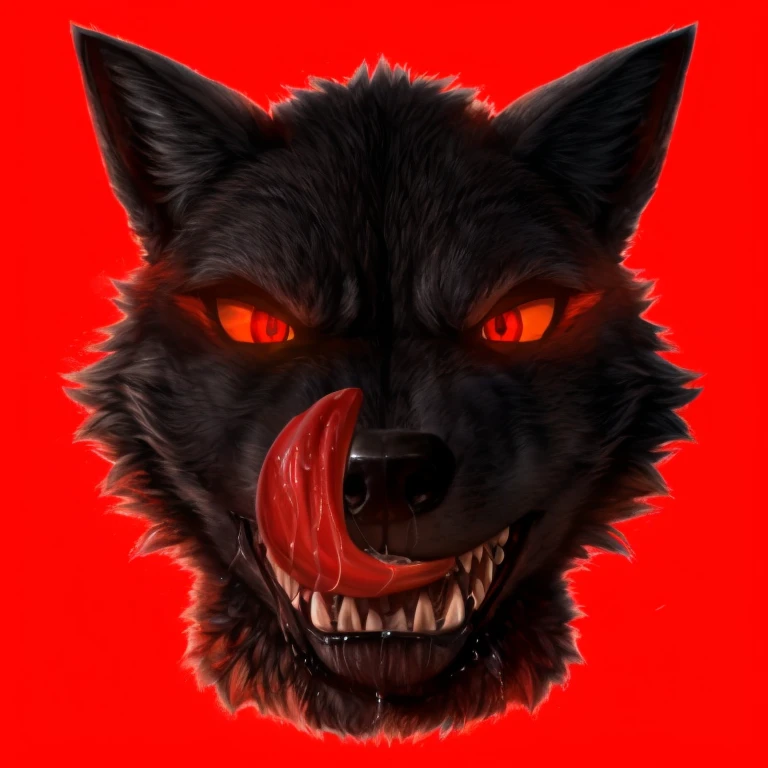 Black anthro wolf head, 30 years old, smiling, opening mouth, red tounge licking nose, saliva drolling, glowing orange eyes (red pupil, sharp dark shape in the middle of red pupil), angry eyes, predatory eyes, perfect detailed hd high grapic, 4k quality, perfect light, perfect shadow, red background, black eyebrow, black eyebrow, glowing shiny eyes