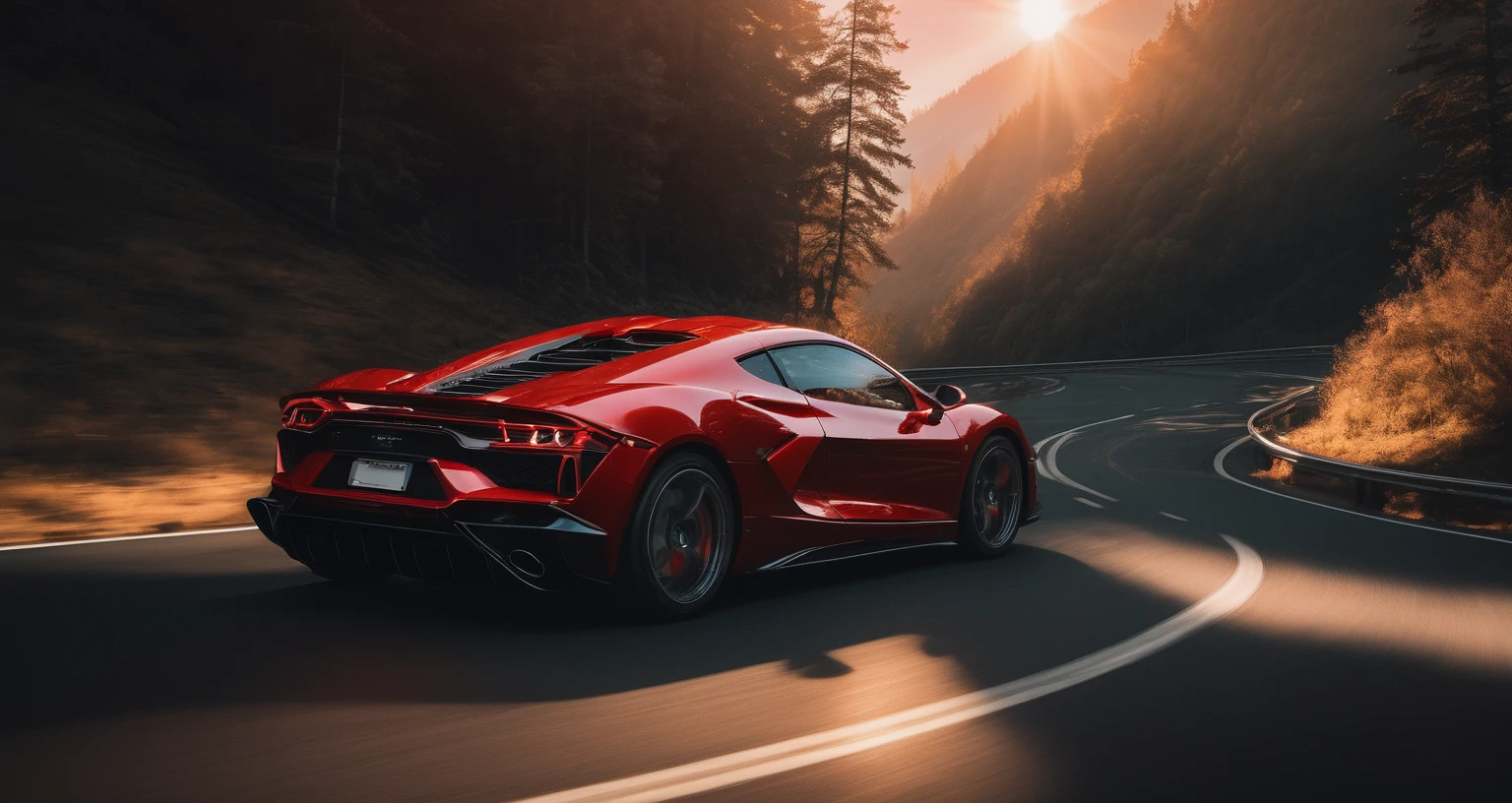 Sports car photos，A red sports car is on the right side of the screen，amazing，Drive on the highway，Showing speed and passion，Red photos，detail强化，blur background/Bokeh，Bright with natural light，Ray Tracing，Sunset sky，forest，Hill in the distance，Highly detailed environments，Low depth of field，HD，detail，8k，lens flare，Sunlight,