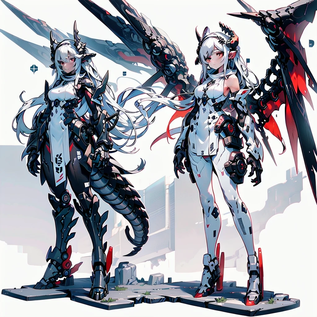 masterpiece, highest quality, highest resolution, clear_image, detailed details, white hair, long hair, 1 girl, car ears, red eyes, futuristic wings (12 wings), futuristic halo, white sci fi mecha dress, white scarf (around the neck with a light blue glow), white pantyhose, full body, no water marks, city, no extra limbs, no extra body